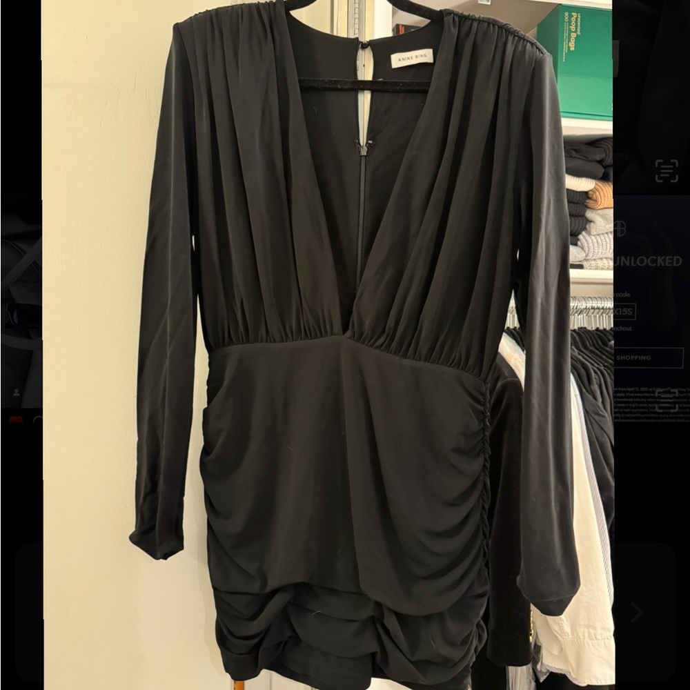 Anine Bing V Neck Black Ruched Dress